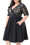 Women's Half Sleeves V-Neckline Lace Top Plus Size Cocktail Party Swing Dress