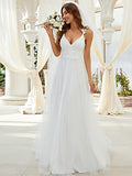 Open Back V Neck A-line Lace Bodice Tulle Wedding Dress for Women  - Sara Clothes