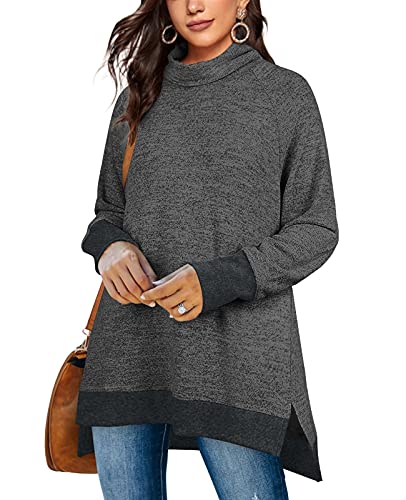 OFEEFAN Women's Turtle Neck Sweatshirts High Low Hem Side Slit