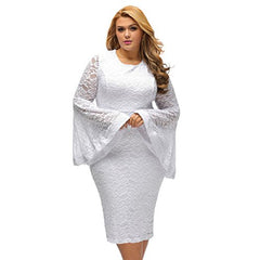 Sexy All White Plus Size Dress For Women Bell Sleeves Lace Dress Party Dress