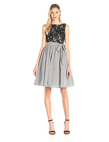 Women's Mini Check Gingham Fit-and-flare Dress With Lace Bodice