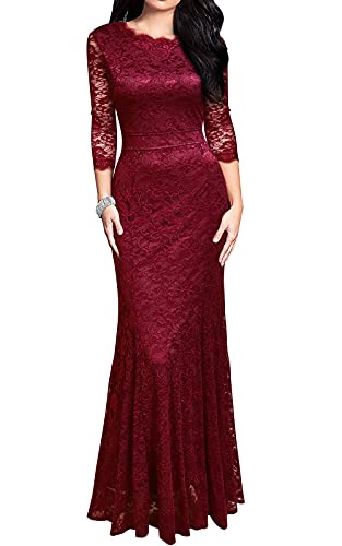 Dark Red Women's Retro Lace Vintage Formal Bridesmaid Wedding Long Dress - REPHYLLIS | Women's Formal Dresses