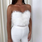 Women Sleeveless Feather Furry Tube Top Spaghetti Strap/Strapless Crop Tube Top with Fur for Party Club Streetwear | Original Brand | Women's Tops and Blouses