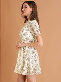 Women's Mini Ruffle Trim Fit and Flare Shirred Floral Dress | Original Brand