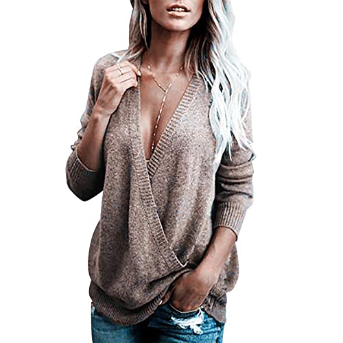 Womens Knitted Deep V-Neck Long Sleeve Wrap Front Loose Sweater Pullover Jumper Tops