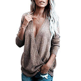 Womens Knitted Deep V-Neck Long Sleeve Wrap Front Loose Sweater Pullover Jumper Tops | Women's Sweaters