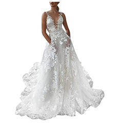 MAYW White Wedding Dresses for Bride Sleeveless Backless Elegant Lace Dress Sexy Deep V Sling Bridal Gowns for Wedding