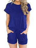 Royal Blue Summer Crewneck Casual Loose Short Sleeve Jumpsuit Rompers One Piece Pajamas Loungewear with Pockets - ANRABESS | Women's Romper & Jumper Suit