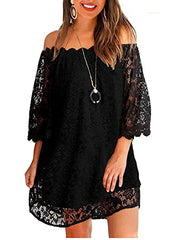 Women's Casual Off Shoulder Lace Shift Loose Mini Dress With 3/4 Sleeve