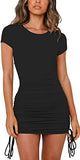 Women's Short Sleeve Summer Ruched Bodycon Mini Dress Side Drawstring Clubwear Casual Dresses