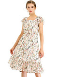 Women's Floral Chiffon Flutter Sleeve Belted Square Neck Ruffled Hem Dress | Original Brand