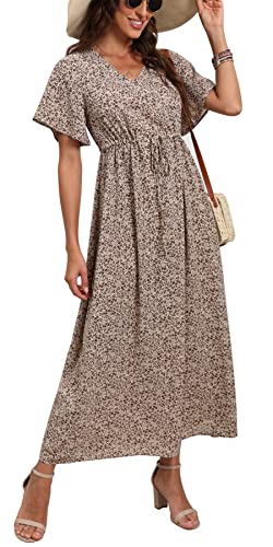 Floret Coffee Summer Maxi Boho Beach Dress Floral Print Dress V Neck Short Sleeve Drawstring High Waist Flowy Long Midi Dresses - GRECERELLE