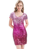 Women's Sequin Glitter Short Sleeve Dress Sexy V Neck Mini Party Club Bodycon Dresses