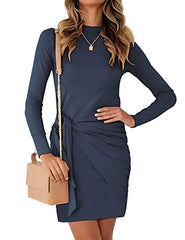 MEROKEETY Women's Long Sleeve Tie Waist Mini Dress Casual Crewneck Ruched Bodycon Short Dresses