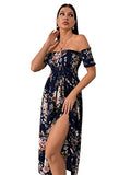 Black Floral Women's Boho Floral Print Off Shoulder Split Long A Line Dress - Floerns | Women's Formal Dresses