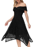 Black Lace Off Shoulder High Low A Line Wedding Guest Party Cocktail Dress - JASAMBAC