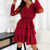 Women's Mesh Long Sleeve Layered Mini Dress V-Neck Ruffles Pleated A-line Midi Skirt Party Beach Dresses | Original Brand