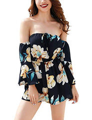 Women Jumpsuits Boho Floral Off Schoulder Short Sleeves Casual Beach Dresses | Women's Casual Dresses