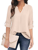 Beige Women's Casual Chiffon V Neck 3/4 Sleeve Blouse Tops - Timeson | Women's Tops and Blouses