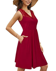 Women's Lace Cuasul Sleeveless A Line Flared Summer Party Short Bridesmaid Dress With Pockets