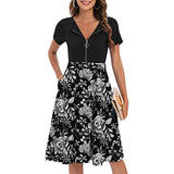 Summer Dress For Women Casual Vintage Flower Print Zipper Dresses Flared Midi Party Dress With Pockets Sundresses | Original Brand