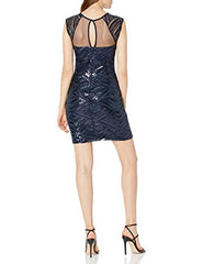 Cap Sleeve Dress with Mesh Top and Sweetheart Neckline and All Over Sequin Details,  Navy,  5