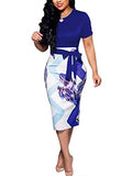 Women's Bodycon Dress Midi Work Casual Floral Prints Pencil Dresses with Belt | Women's Work Dresses