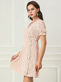 Women's Puff Sleeve Decor Button V Neck Fit and Flare Floral Dress | Original Brand