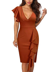 Rust Red Women's Deep-V Neck Ruffle Sleeves Cocktail Party Pencil Slit Formal Dress - Knitee