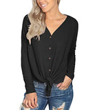IWOLLENCE Women's Loose Henley Blouse Bat Wing Long Sleeve Button Down T Shirts Tie Front Knot Tops Black Medium | Women's Tops and Blouses