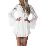 Women White Lace Dress Mini Sexy Strap Dress Long Sleeve Flare Dress Summer Deep V-Neck Pleated Dress Hollow Out Ruffle Dress Cocktail Party Dress Tops Beach Sundress