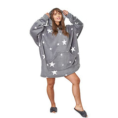 Stars Print Hooded Fleece Throw, Charcoal Grey, One Size Fits Most-Adults Men Women Teens | Women's Cardigan