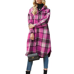 Ainangua Women's Casual Wool Blend Long Plaid Shirt Jacket Button Down Pocketed Shirt Shacket (Rose Red, XS) | Women's Casual Dresses