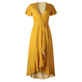 Summer Casual Dresses for Women UK Polka Dots Short Sleeve Wrap-Front Midi Dress in Linen-Cotton Yellow