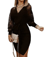 Womens V Neck Lace Batwing Sleeve Wrap Sweater Dress Sexy Backless Pencil Knit Dresses With Belted Slit Bodycon 