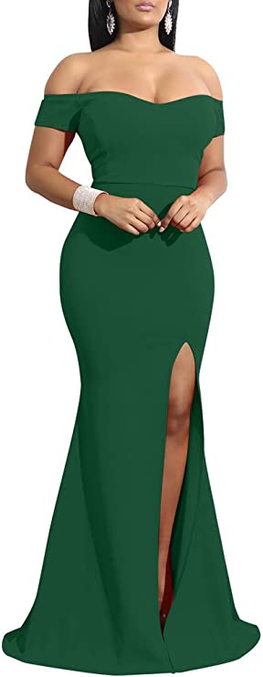 Darkgreen Women's Off Shoulder High Split Long Formal Party Dress Evening Gown - Ymduch | Women's Formal Dresses