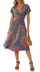 Peacock Blue Summer Wrap Dress Ladies Casual Ruffle Short Sleeve V-Neck Floral Beach - GRECERELLE