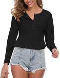 WNEEDU Women's Long Sleeve Waffle Knit Tunic Blouse Casual Button Up Henley Shirts Plain Tops Black M | Women's Sweaters