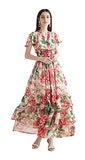 DOVWOER Women's Maxi Dress Elegant Floral Print & Baroque Print V-Neck Long Sleeve A-Line Dresses