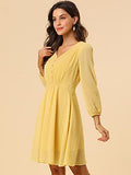 Women's Elastic Waist V Neck 3/4 Sleeve A-line Solid Flowy Chiffon Dress