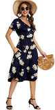 Navy Lily Summer Polka Dot Casual Midi Tunic Short/Long Sleeve Plain Dress Pleated Loose Flowy Floral Ladies Dress with Pocket - YUNDAI | Women's Casual Dresses