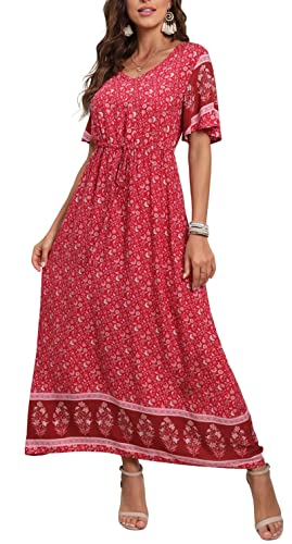 Scalloped Flower Red Summer Maxi Boho Beach Dress Floral Print Dress V Neck Short Sleeve Drawstring High Waist Flowy Long Midi Dresses - GRECERELLE