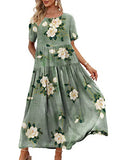 Green Dresses Casual Plus Size Bohemian Short Sleeve Floral Long Maxi Summer Beach Swing Dress/Pockets - YESNO | Women's Casual Dresses