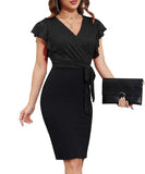 Black Lace Women Formal Surplice Pleated V-Neck Belted Dresses Business Work Bodycon Dress - GRACE KARIN | Women's Formal Dresses