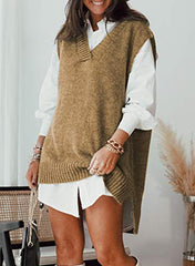 Womens V Neck Sleeveless Knitted Pullover Waistcoat Sweater Vest Solid Color Knitwear Tank Top Jumpers | Women's Cardigan