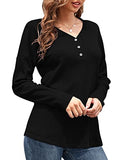 WNEEDU Women's Waffle Knit Tunic Tops Loose Long Sleeve Button Up V Neck Henley Shirts (Y Black,M) | Women's Sweaters