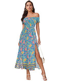 Blue Yellow Floral Women's Boho Floral Print Off Shoulder Split Long A Line Dress - Floerns | Women's Formal Dresses