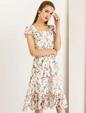 Women's Floral Chiffon Flutter Sleeve Belted Square Neck Ruffled Hem Dress | Original Brand