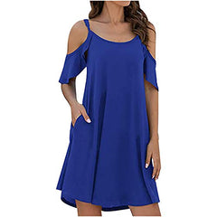 Women Cold Shoulder Mini Dress Casual Summer Spaghetti Strap Sundress Ruffle Sleeves Loose Beach Dress | Original Brand