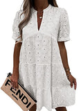 Womens Summer Lace Dresses Eyelet Casual Flowy Babydoll Short Sleeve V Neck Tunic Dress